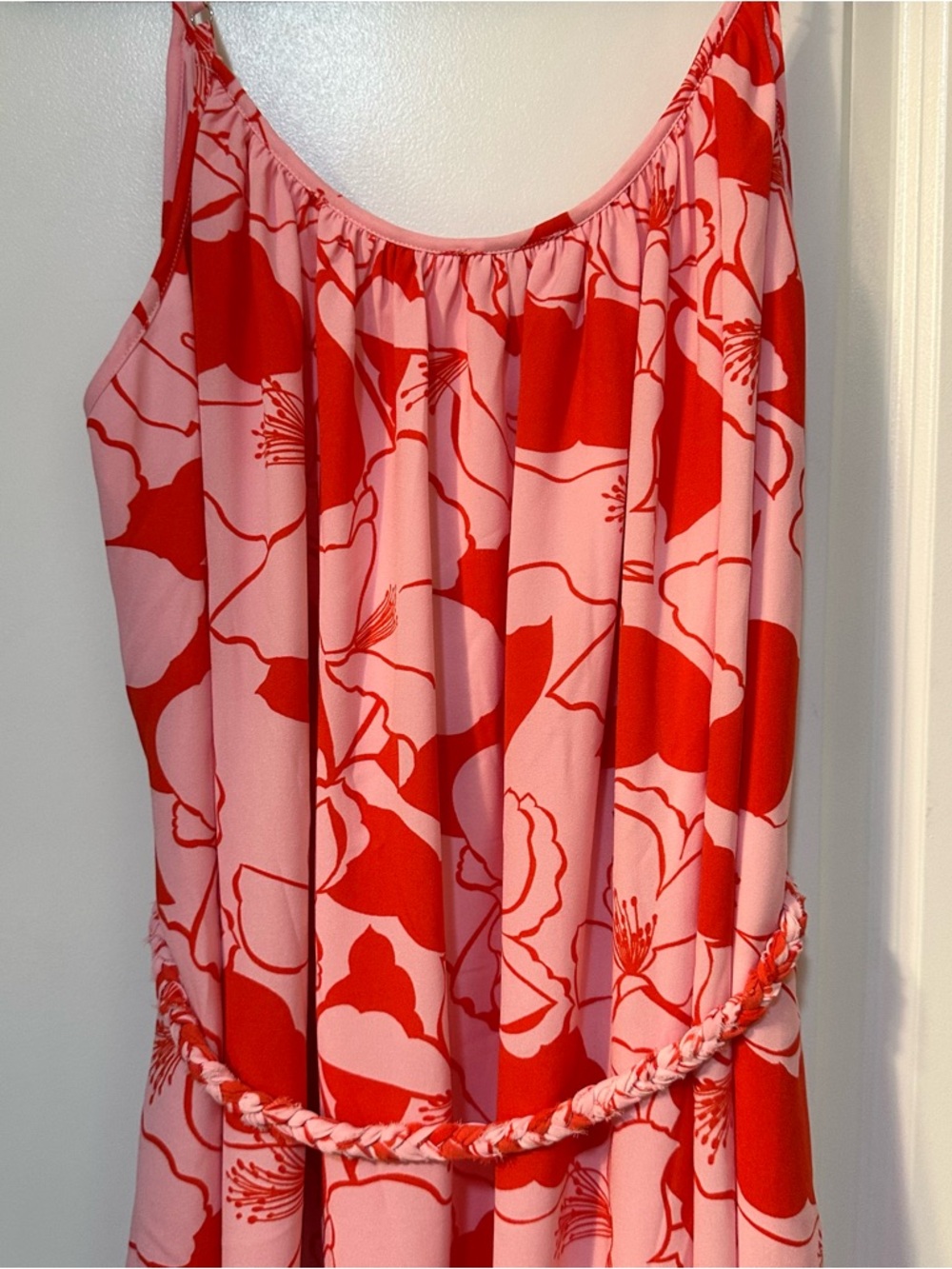 Red and Pink Floral Sundress with Braided Belt
